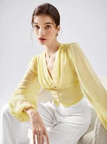 BizChic 胸部褶皺燈籠袖襯衫工作服 - 黃色 - 查看 6
