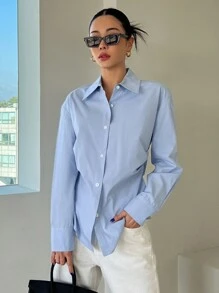 DAZY Drop Shoulder Curved Hem Shirt,Fall Women Clothes Long Sleeve Top - Baby Blue - View 3