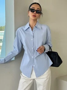 DAZY Drop Shoulder Curved Hem Shirt,Fall Women Clothes Long Sleeve Top - Baby Blue - View 4