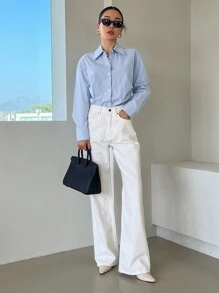 DAZY Drop Shoulder Curved Hem Shirt,Fall Women Clothes Long Sleeve Top - Baby Blue - View 5