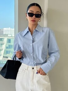 DAZY Drop Shoulder Curved Hem Shirt,Fall Women Clothes Long Sleeve Top - Baby Blue - View 7