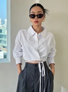 DAZY 落肩袖下擺打結短款襯衫 - 白色 - 查看 1