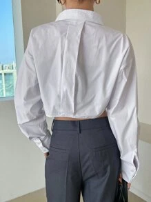 DAZY 落肩袖下擺打結短款襯衫 - 白色 - 查看 2