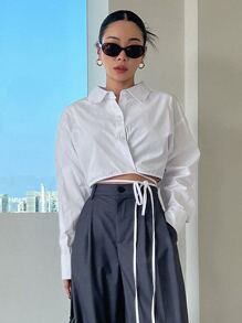 DAZY 落肩袖下擺打結短款襯衫 - 白色 - 查看 3