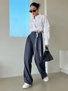 DAZY 落肩袖下擺打結短款襯衫 - 白色 - 查看 4