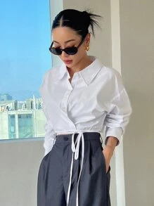 DAZY 落肩袖下擺打結短款襯衫 - 白色 - 查看 5