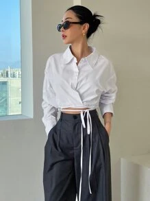 DAZY 落肩袖下擺打結短款襯衫 - 白色 - 查看 6