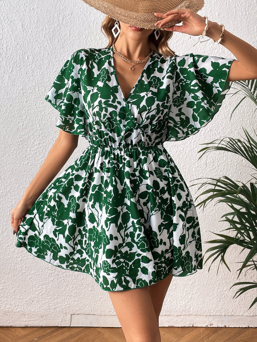 SHEIN VCAY Floral Print Butterfly Sleeve Dress - Multicolor - View 1