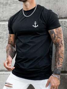 Manfinity Homme Camisetas de algodón para hombre, corte de cuello redondo ajustado, manga corta, camiseta gráfica casual de verano con ancla de poliéster en azul marino - Negro - Ver 1