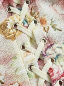 SHEIN MOD 印花荷葉袖前繫帶頭巾下擺襯衫 - 米色 - 查看 3