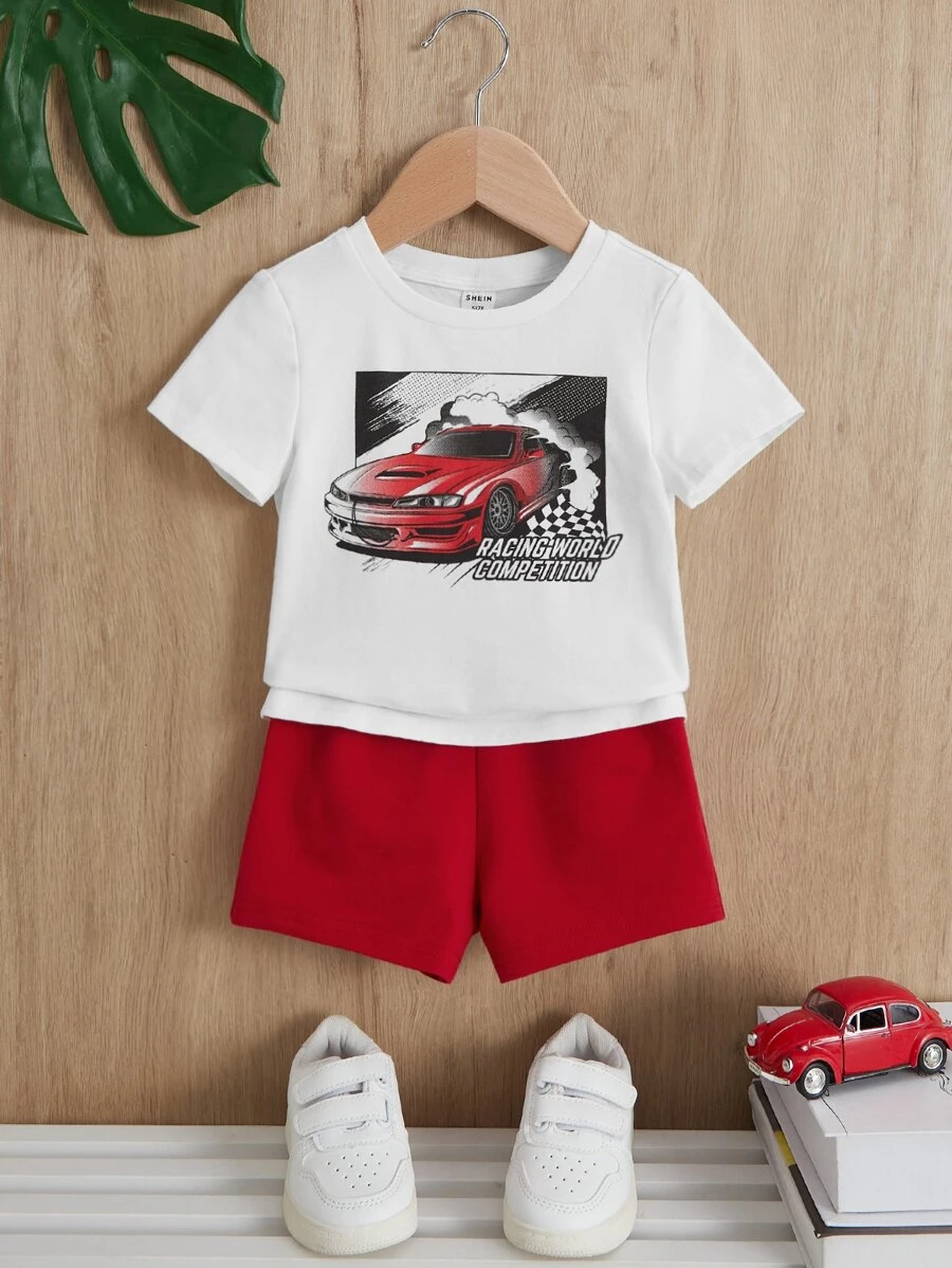 SHEIN Baby Boy Car & Slogan Graphic Tee & Shorts - Red - View 1