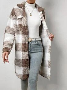 Chiquease Buffalo Plaid Pattern Flap Pocket Drop Shoulder Teddy Coat Fall Winter Cloth For Women - Multicolor - View 3