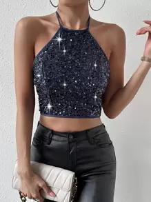 Allurite Áo hai dây Lộ Lưng ghép mộng kim sa Buộc lại màu trơn Buổi tiệc - Màu xanh hải quân - Xem 5