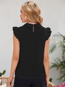 SHEIN Clasi Ruffle Armhole Lace Applique Top Workwear - Black - View 2