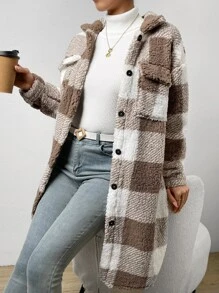 Chiquease Buffalo Plaid Pattern Flap Pocket Drop Shoulder Teddy Coat Fall Winter Cloth For Women - Multicolor - View 5