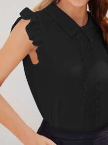 SHEIN Clasi Ruffle Armhole Lace Applique Top Workwear - Black - View 3