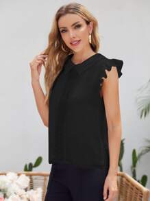 SHEIN Clasi Ruffle Armhole Lace Applique Top Workwear - Black - View 4