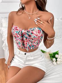 SHEIN VCAY Áo nữ Thắt nơ trước Hoa Tất cả trên in Boho - Nhiều màu - Xem 7