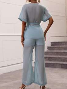 SHEIN Clasi 蝙蝠袖腰帶雪紡上衣和褲子 - 淺藍色 - 查看 3