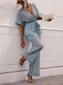 SHEIN Clasi 蝙蝠袖腰帶雪紡上衣和褲子 - 淺藍色 - 查看 1