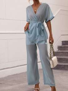 SHEIN Clasi 蝙蝠袖腰帶雪紡上衣和褲子 - 淺藍色 - 查看 4