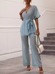 SHEIN Clasi 蝙蝠袖腰帶雪紡上衣和褲子 - 淺藍色 - 查看 5