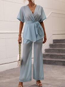 SHEIN Clasi 蝙蝠袖腰帶雪紡上衣和褲子 - 淺藍色 - 查看 6