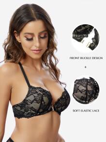 Deyllo Floral Lace Underwire Bra - Black - View 1