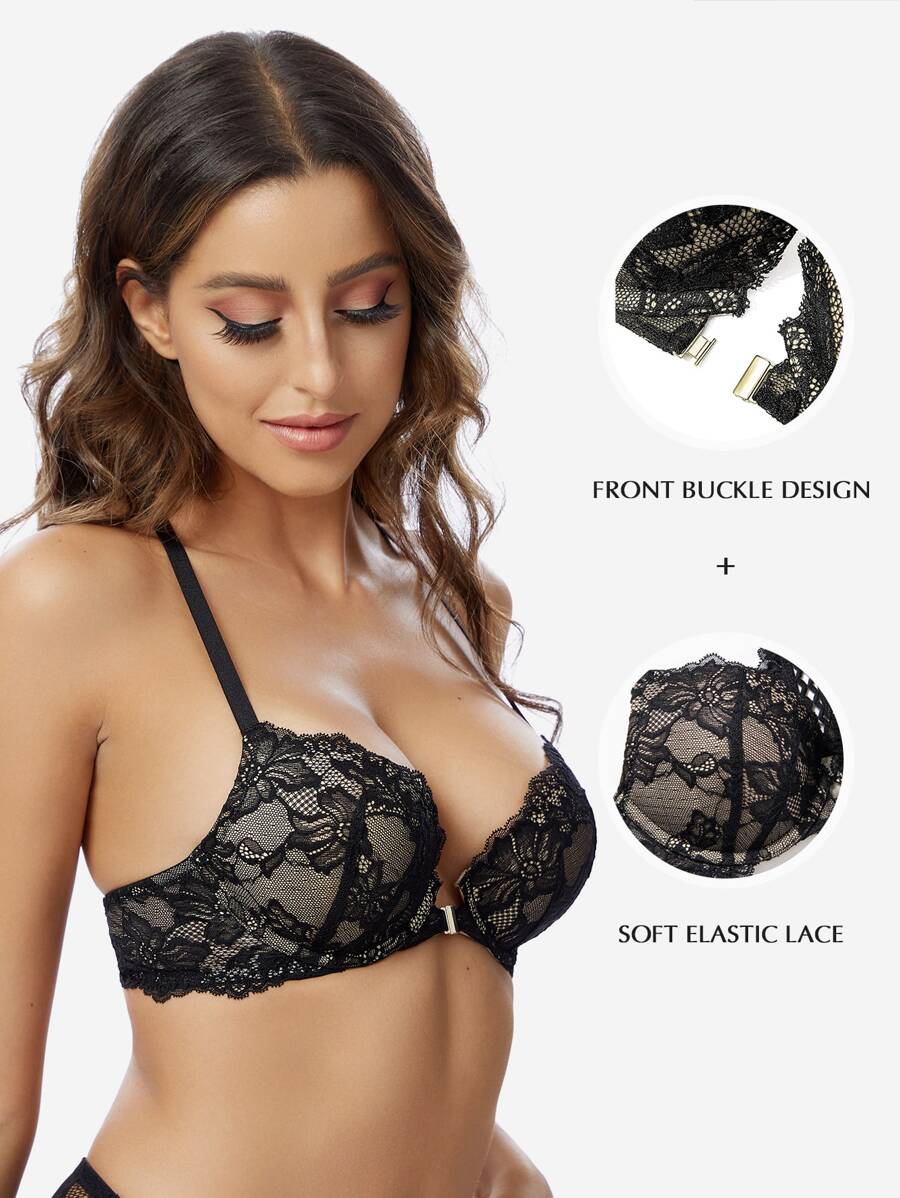 Deyllo Floral Lace Underwire Bra - Black - View 1