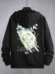 ROMWE MEN Guys Letter & Graphic Print Kangaroo Pocket Drawstring Hoodie - Black - View 1