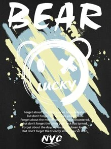 ROMWE MEN Guys Letter & Graphic Print Kangaroo Pocket Drawstring Hoodie - Black - View 4