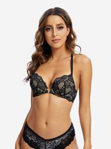 Deyllo Floral Lace Underwire Bra - Black - View 3