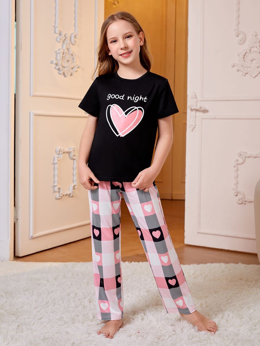 Tween Girl Heart & Letter Graphic Sleep Top & Plaid Sleep Pants - Multicolor - View 1