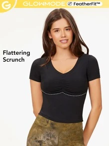 GLOWMODE FeatherFit™ Ruched Front V-Neck Top - Black - View 2