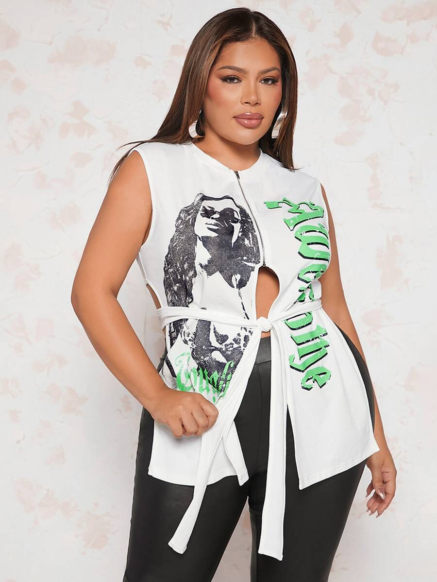 SHEIN SXY 大碼人物和字母圖案前繫帶背心上衣 - 白色 - 查看 1