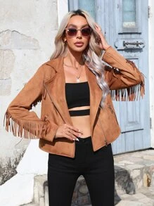 RELISH NOLESS Fringe Trim Suedette Jacket - Camel - View 1