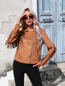 RELISH NOLESS Fringe Trim Suedette Jacket - Camel - View 5