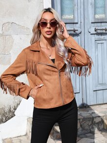 RELISH NOLESS Fringe Trim Suedette Jacket - Camel - View 7