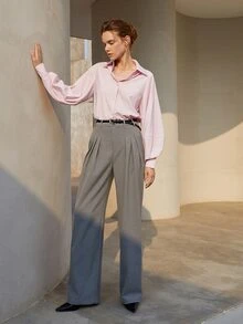 Solid Fold Pleated Straight Leg Trousers - Grey - View 4