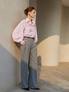 Solid Fold Pleated Straight Leg Trousers - Grey - View 5