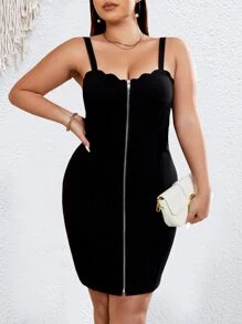 Celure Plus Zip Up Scallop Trim Cami Bodycon Dress - Black - View 1