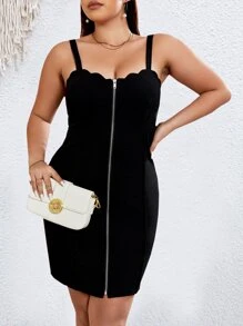 Celure Plus Zip Up Scallop Trim Cami Bodycon Dress - Black - View 6