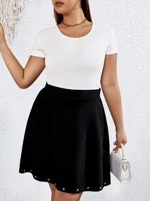 SHEIN LUNE Plus Studded Beaded Flare Hem Skirt - Black - View 3