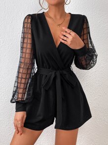 SHEIN Privé Plaid Mesh Lantern Sleeve Overlap Collar Belted Romper
