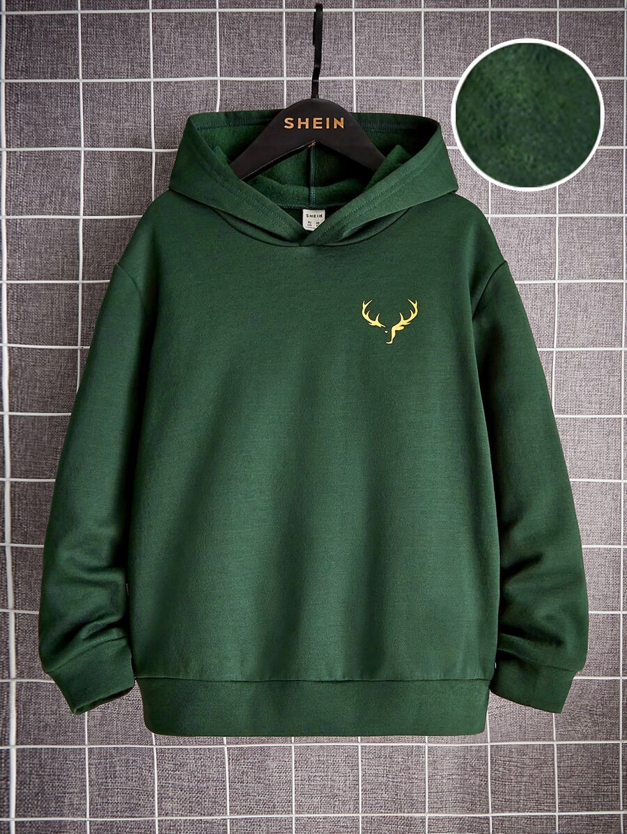 SHEIN Tween 男孩鹿頭印花針織長袖連帽衫,冬季