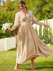 S BETRO Plus Floral Embroidery Pleated Hem Bridesmaid Dress - Apricot - View 5