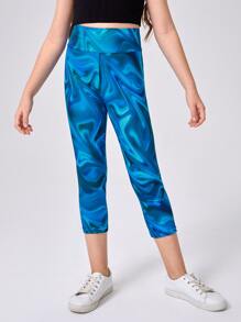 女孩滿版印花寬腰帶七分緊身打底褲 - 藍色 - 查看 1