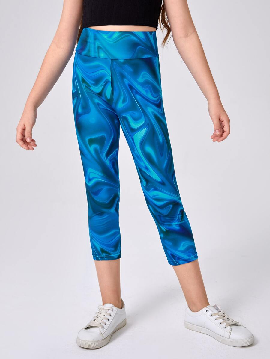 女孩滿版印花寬腰帶七分緊身打底褲 - 藍色 - 查看 1