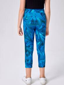 女孩滿版印花寬腰帶七分緊身打底褲 - 藍色 - 查看 2