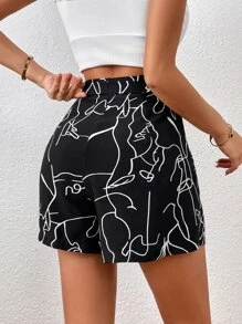 SHEIN Privé Quần đùi nữ Thắt lưng Dây kéo Quần paper-bag Con số Tất cả trên in Giải trí - màu đen - Xem 2